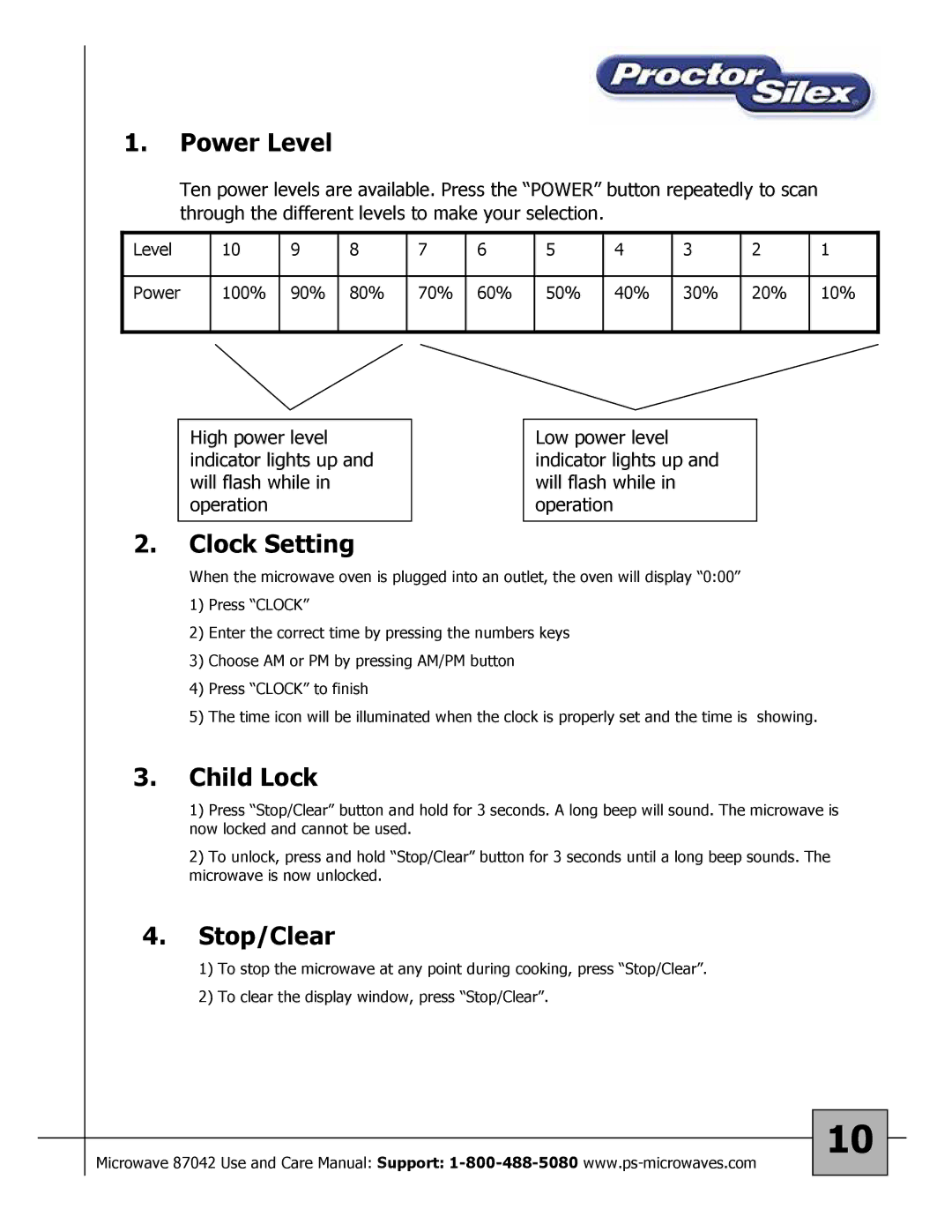 Proctor-Silex 87027 owner manual Power Level, Clock Setting, Child Lock, Stop/Clear 