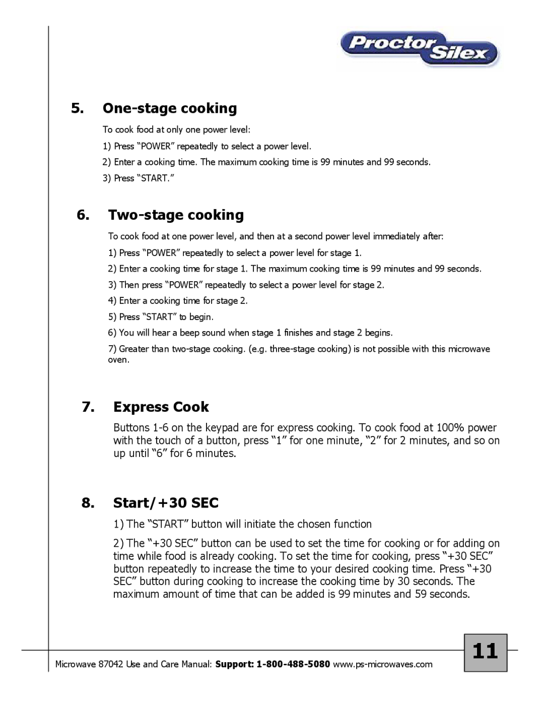 Proctor-Silex 87027 owner manual One-stage cooking, Two-stage cooking, Express Cook, Start/+30 SEC 