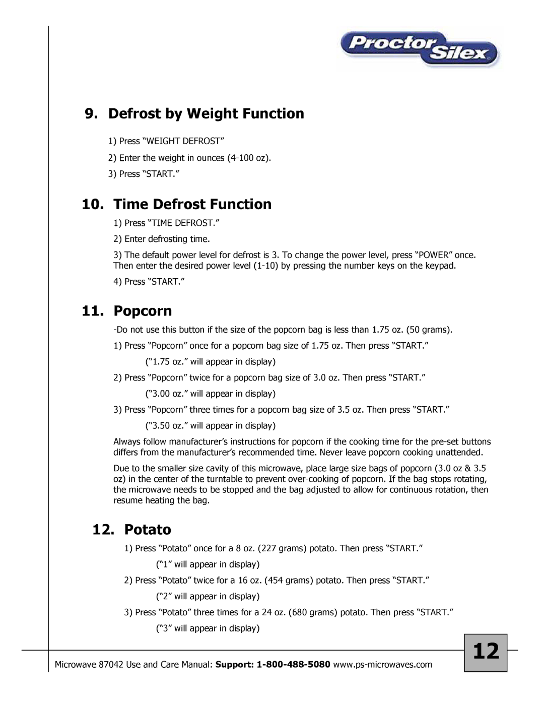 Proctor-Silex 87027 owner manual Defrost by Weight Function, Time Defrost Function, Popcorn, Potato 