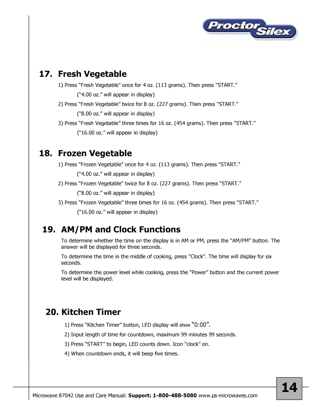 Proctor-Silex 87027 owner manual Fresh Vegetable, Frozen Vegetable, 19. AM/PM and Clock Functions, Kitchen Timer 