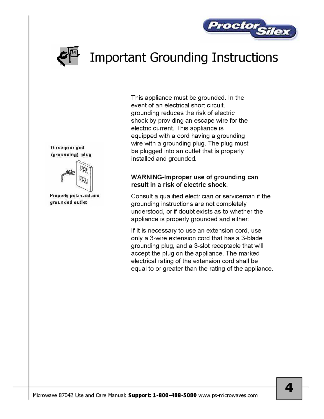 Proctor-Silex 87027 owner manual Important Grounding Instructions 