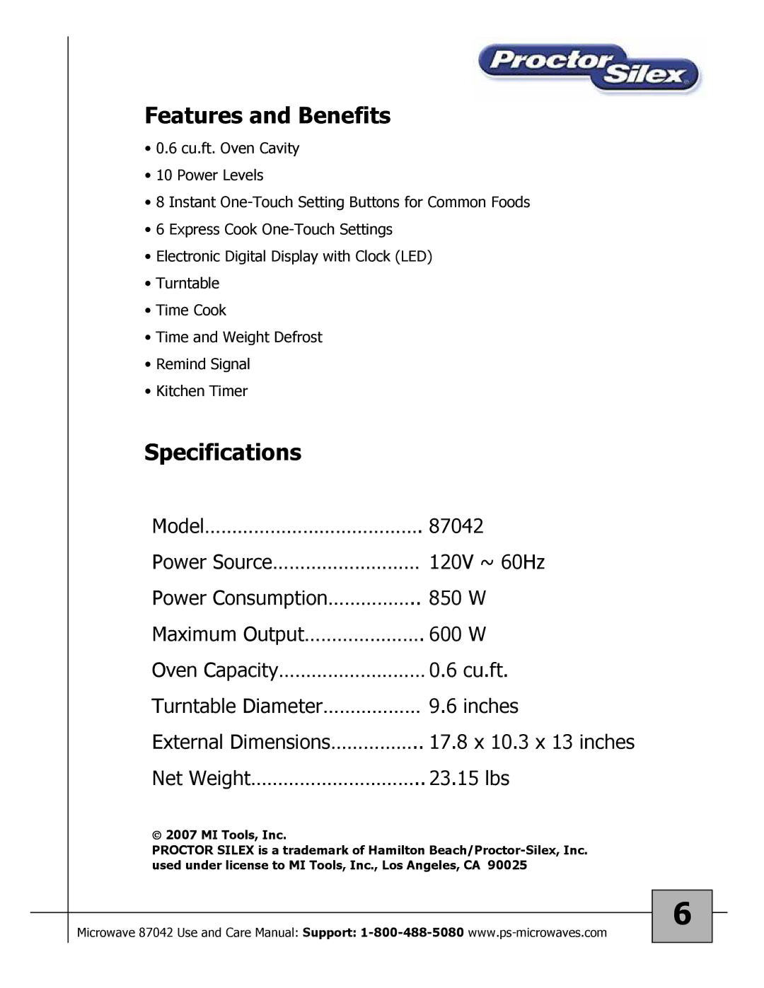 Proctor-Silex 87027 owner manual Features and Benefits 