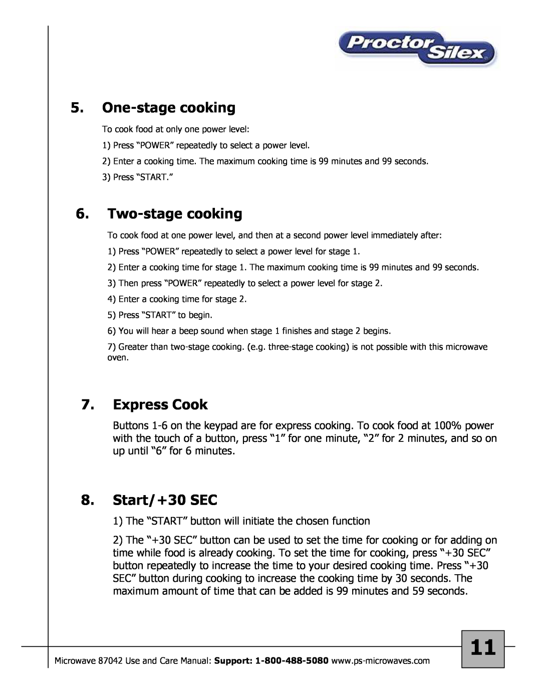 Proctor-Silex 87027 owner manual One-stagecooking, Two-stagecooking, Express Cook, Start/+30 SEC 