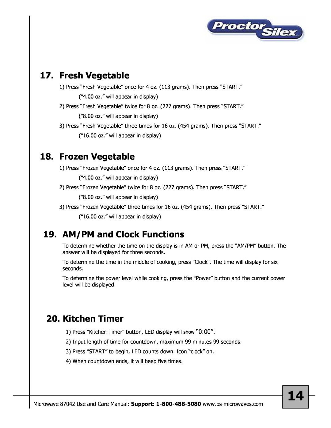 Proctor-Silex 87027 owner manual Fresh Vegetable, Frozen Vegetable, 19.AM/PM and Clock Functions, Kitchen Timer 