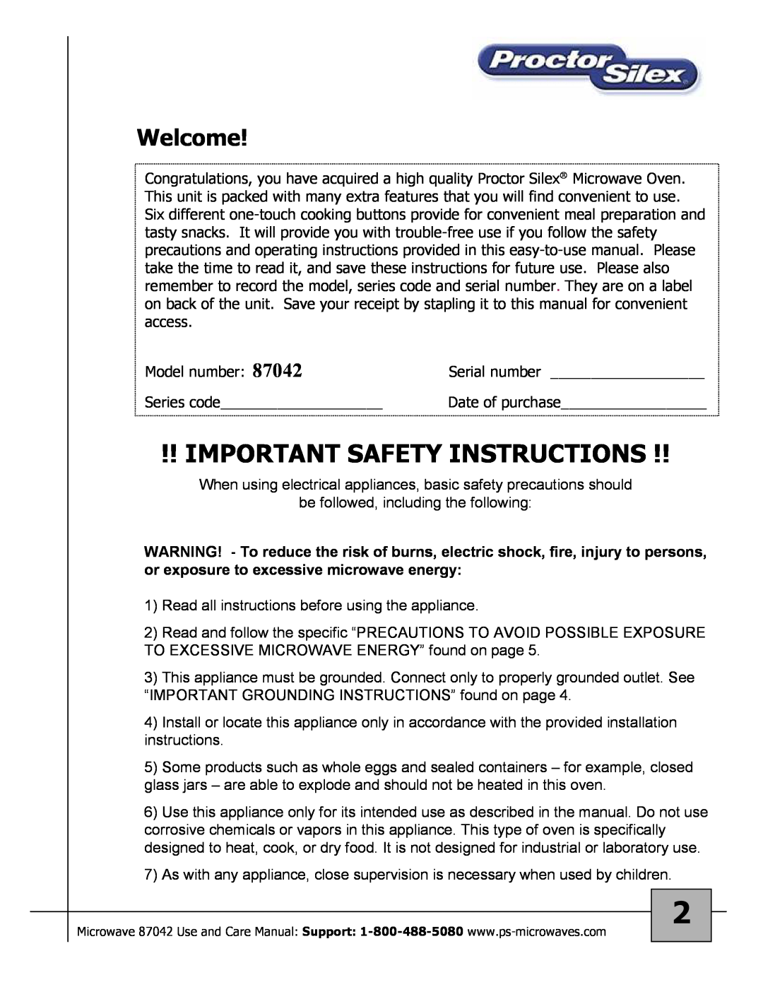 Proctor-Silex 87027 owner manual Important Safety Instructions, Welcome 