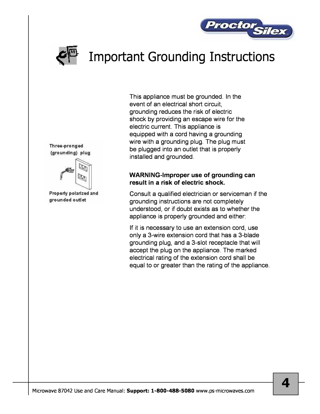 Proctor-Silex 87027 owner manual Important Grounding Instructions 