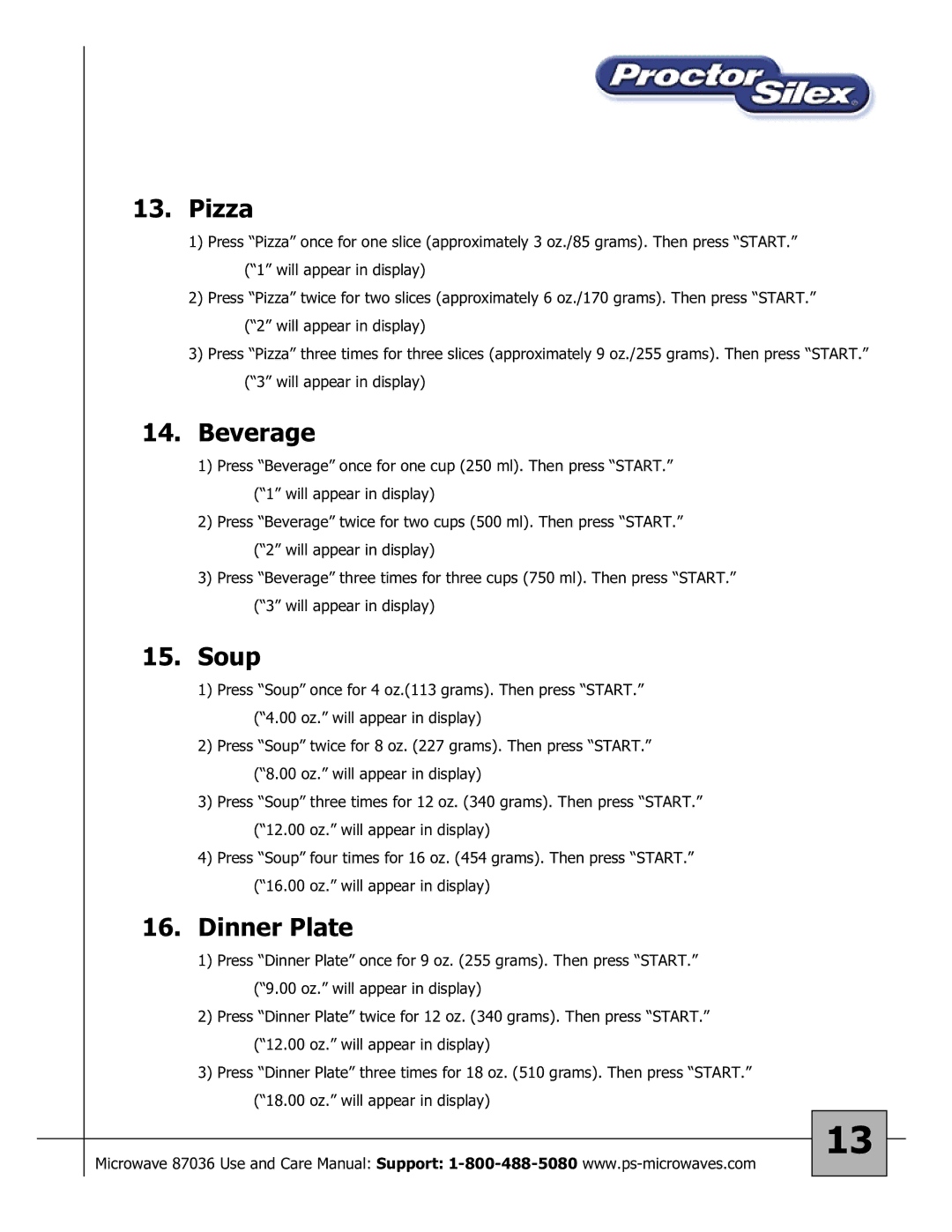 Proctor-Silex 87036 owner manual Pizza, Beverage, Soup, Dinner Plate 