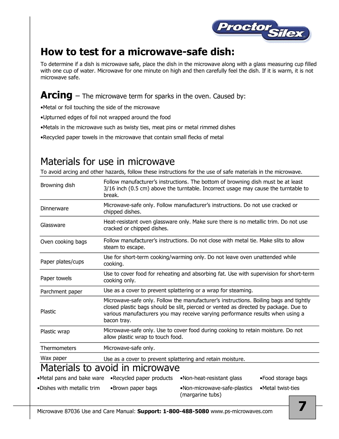 Proctor-Silex 87036 owner manual How to test for a microwave-safe dish 