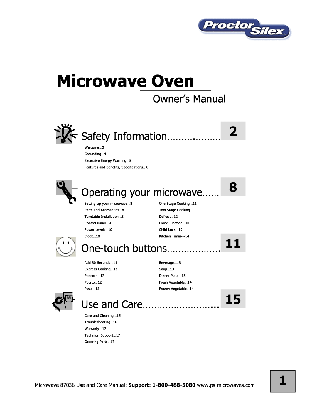 Proctor-Silex 87036 owner manual Operating your microwave……, One-touchbuttons………………, Use and Care……………………, Microwave Oven 