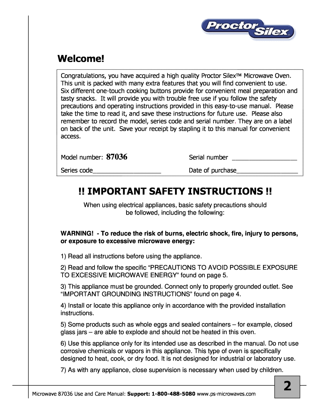 Proctor-Silex 87036 owner manual Welcome, Important Safety Instructions 