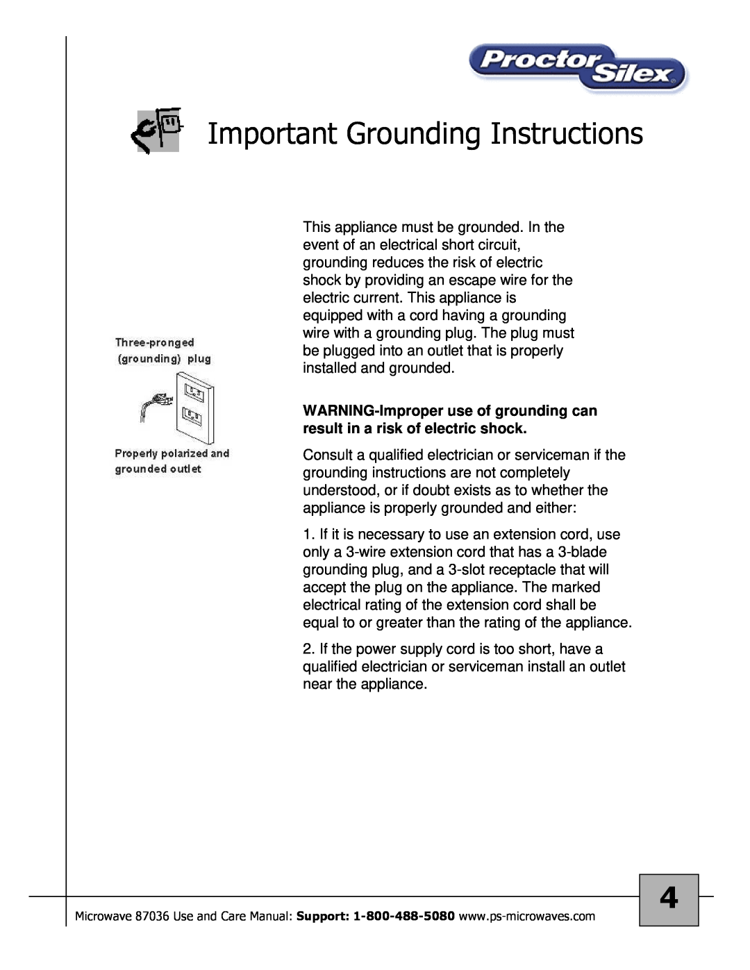 Proctor-Silex 87036 owner manual Important Grounding Instructions 