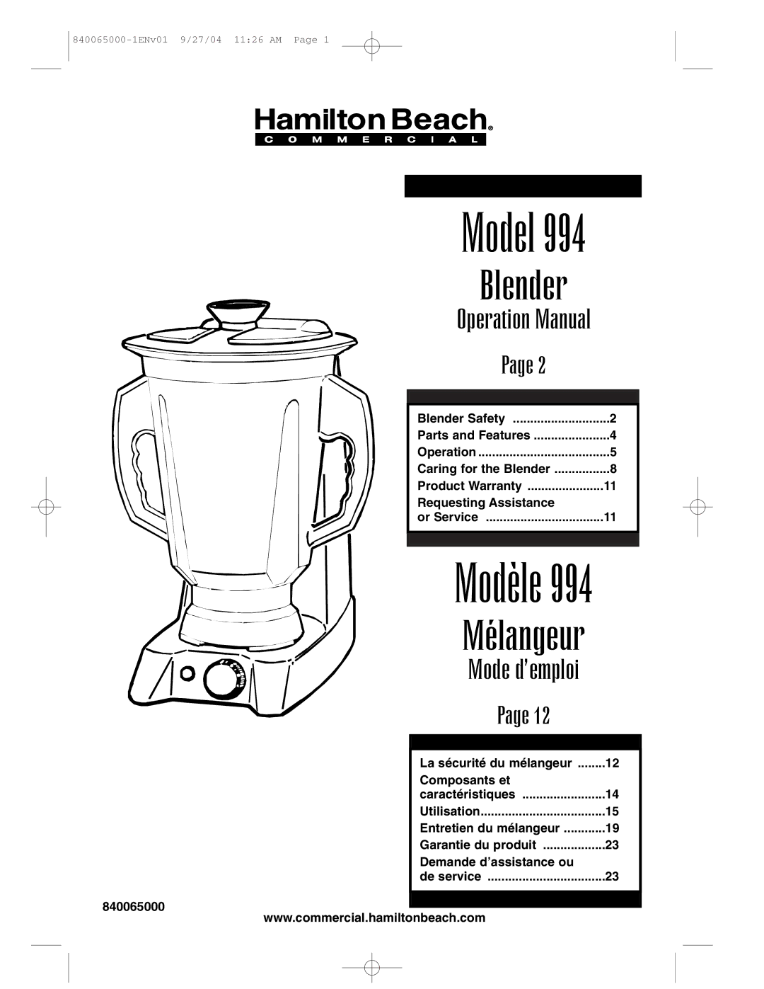 Proctor-Silex 994 operation manual Model Blender 