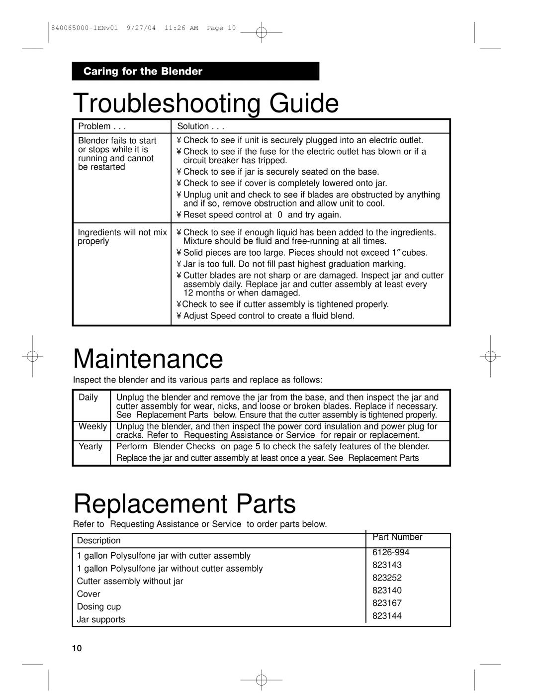 Proctor-Silex 994 operation manual Troubleshooting Guide, Maintenance, Replacement Parts 