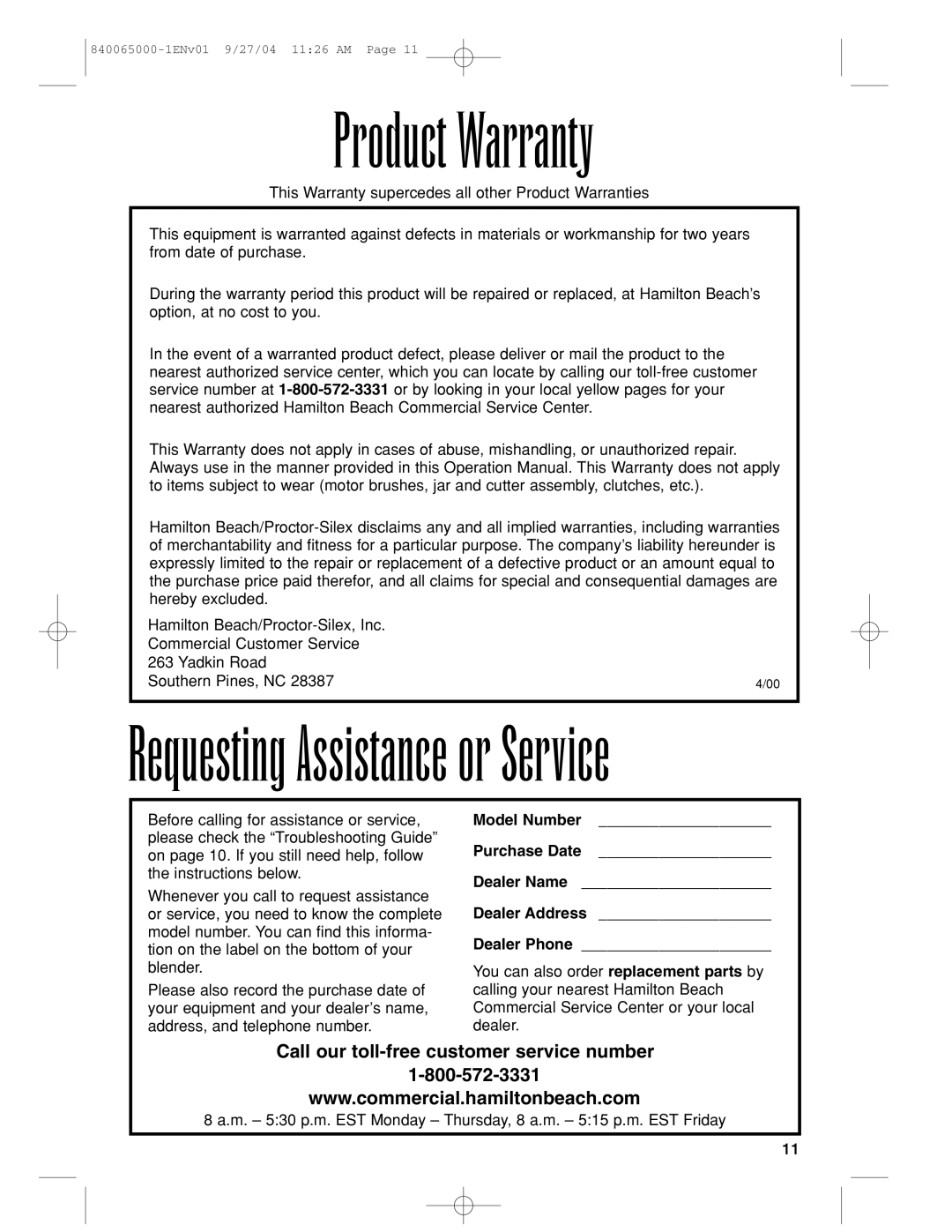 Proctor-Silex 994 operation manual Product Warranty, Requesting Assistance or Service 