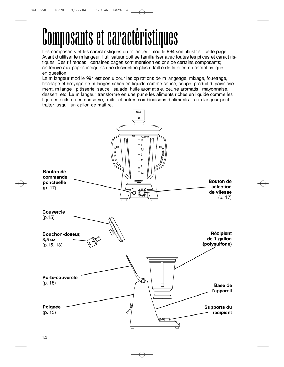 Proctor-Silex 994 operation manual Composants et caractéristiques 