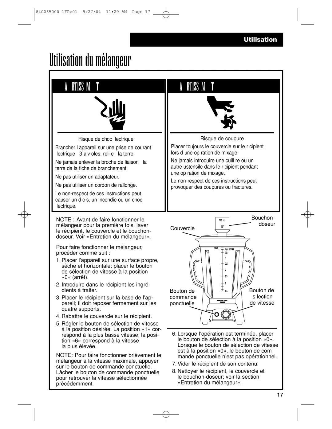 Proctor-Silex 994 operation manual Utilisation du mélangeur 