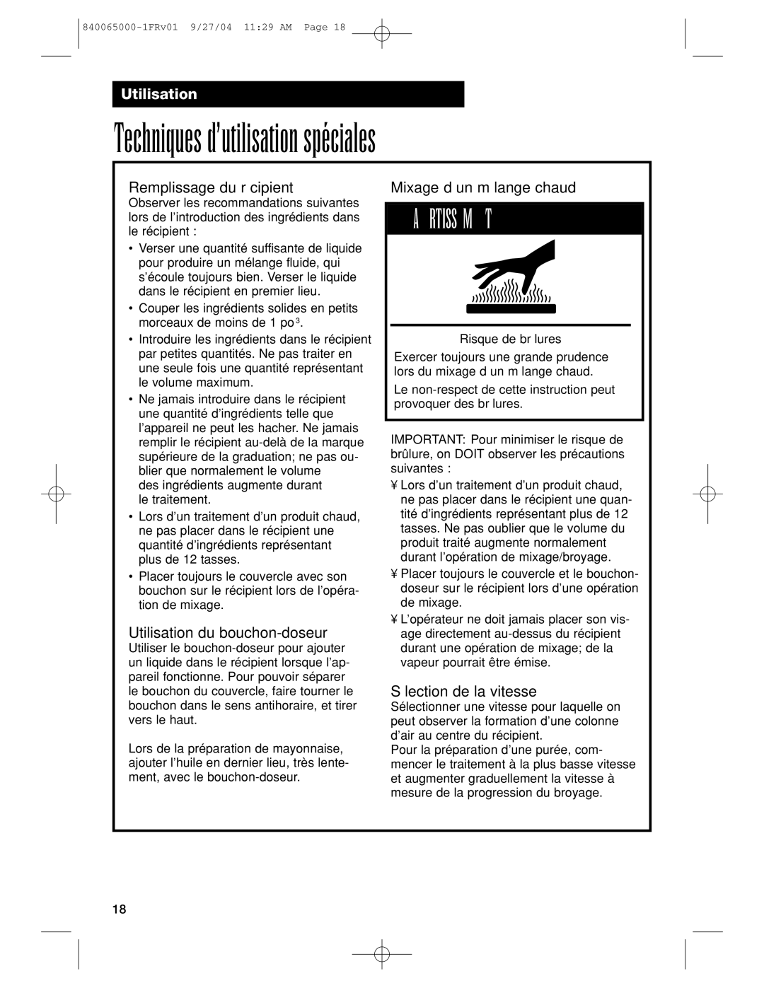 Proctor-Silex 994 Techniques d’utilisation spéciales, Remplissage du récipient, Utilisation du bouchon-doseur 