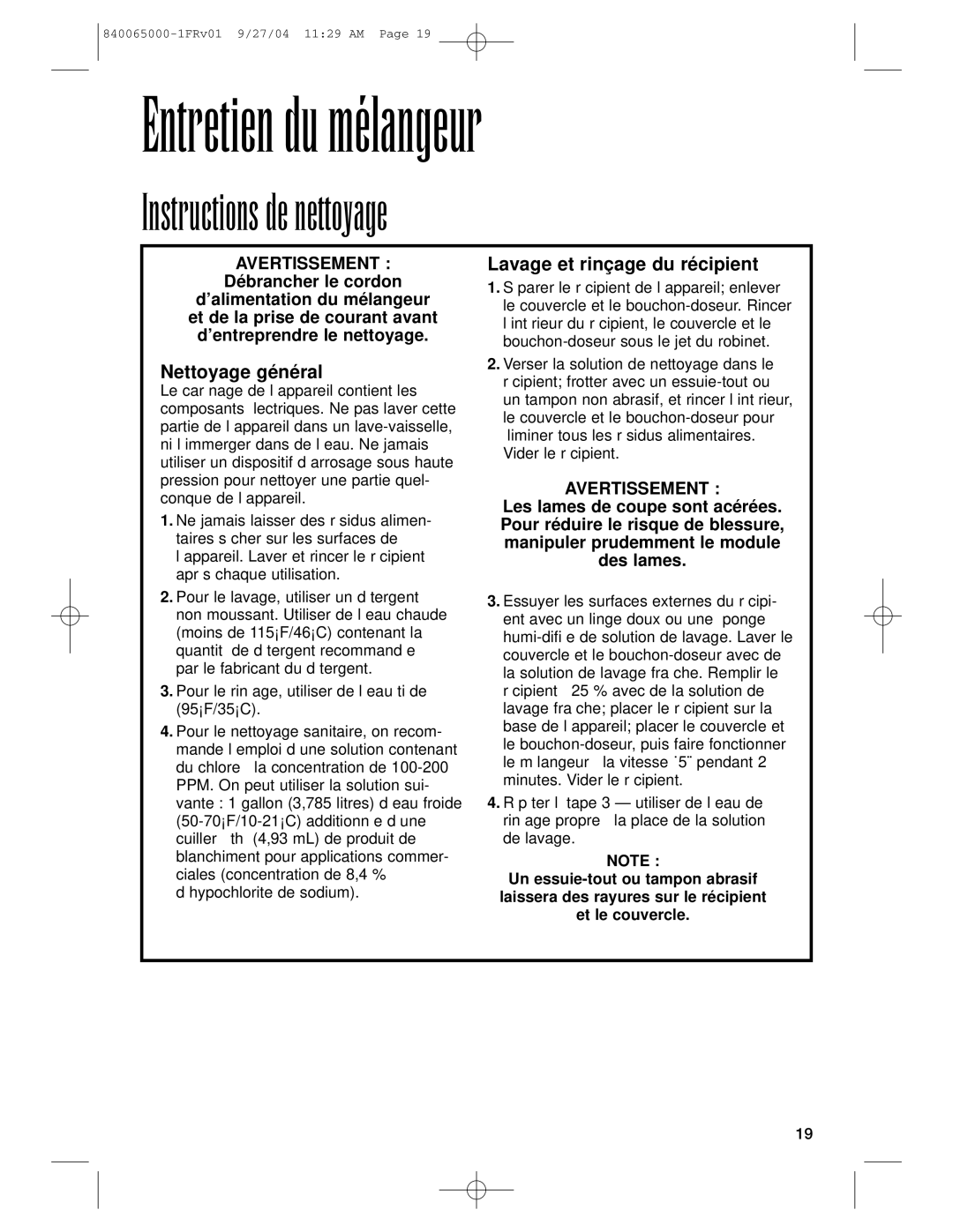 Proctor-Silex 994 operation manual Instructions de nettoyage, Nettoyage général, Lavage et rinçage du récipient 