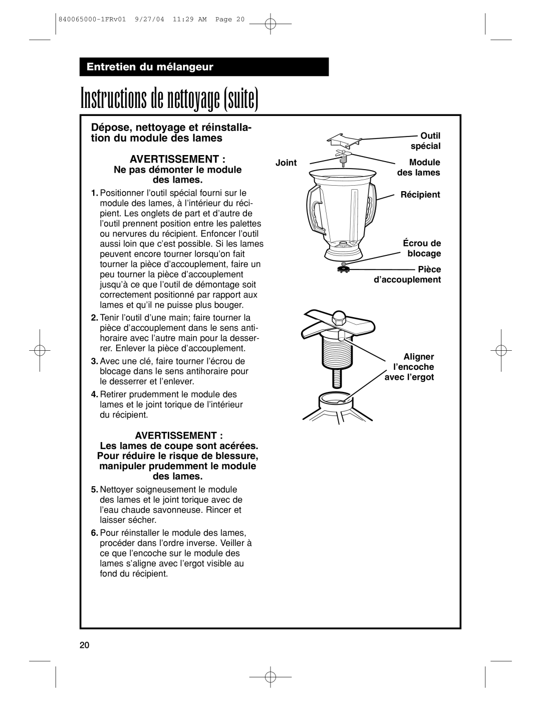 Proctor-Silex 994 Instructions de nettoyage suite, Dépose, nettoyage et réinstalla, Tion du module des lames 