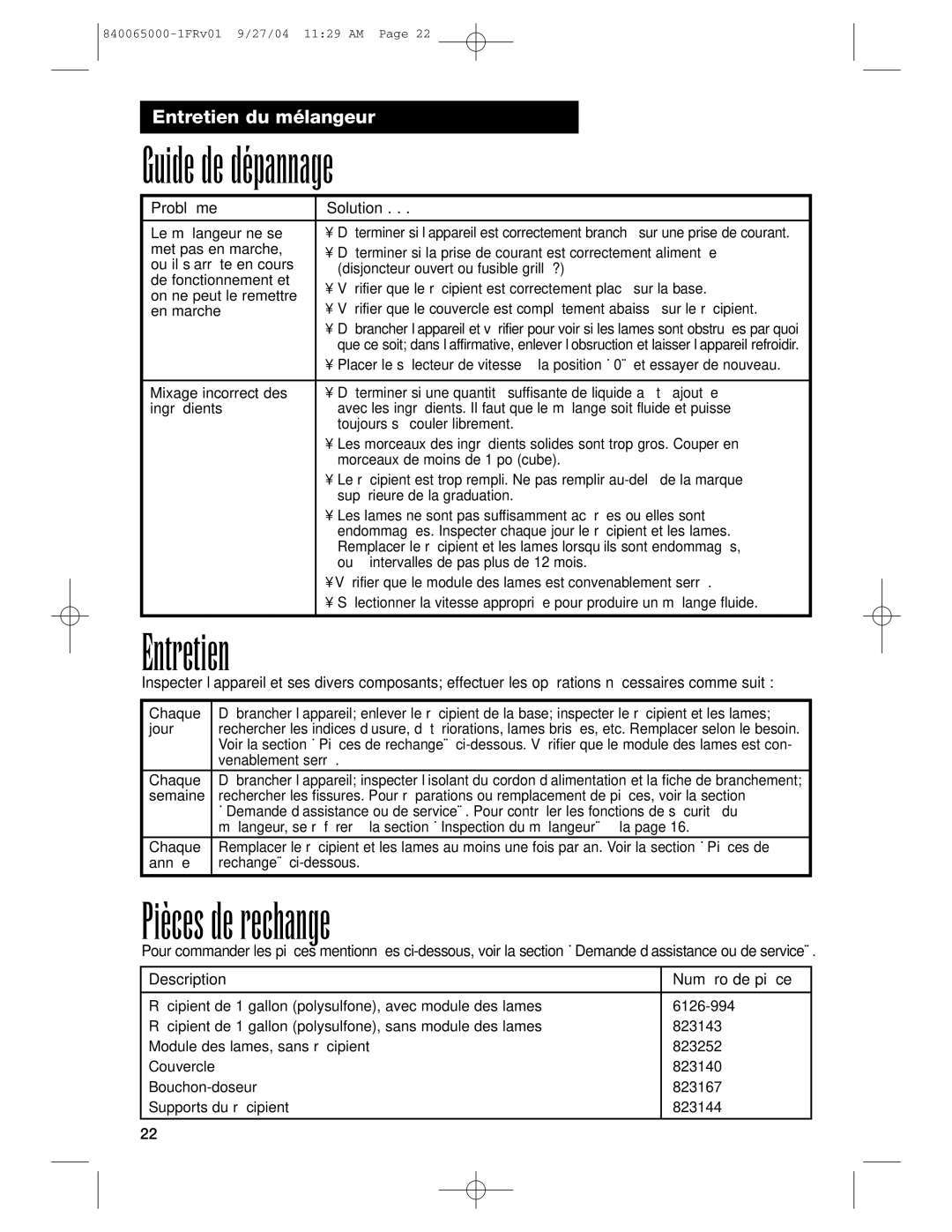 Proctor-Silex 994 operation manual Guide de dépannage, Entretien, Pièces de rechange 