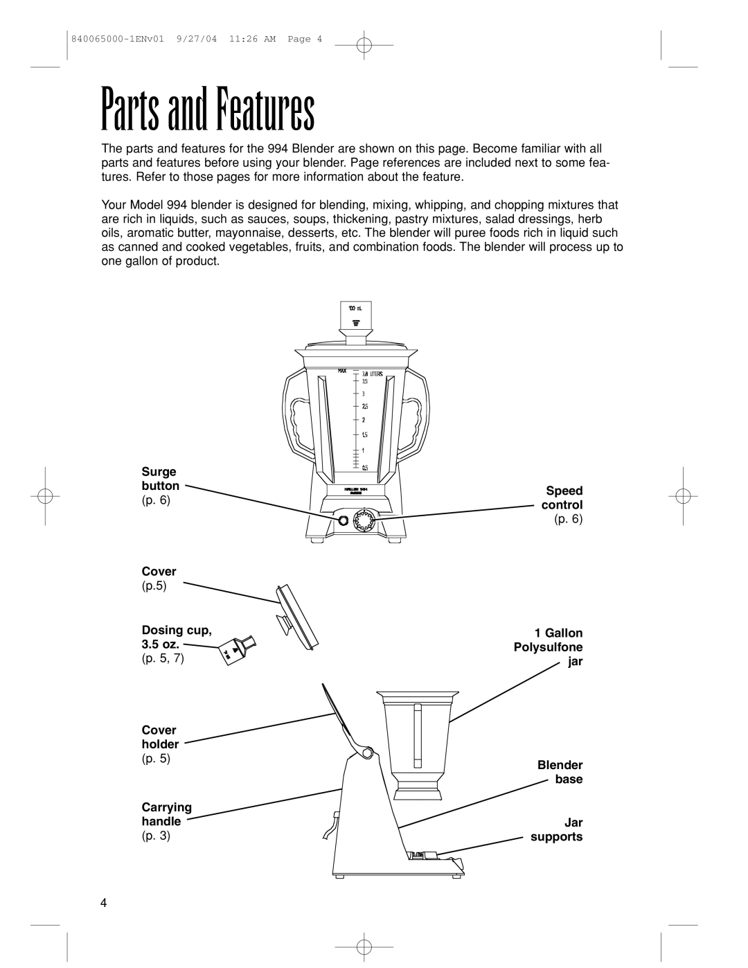 Proctor-Silex 994 operation manual Parts and Features 