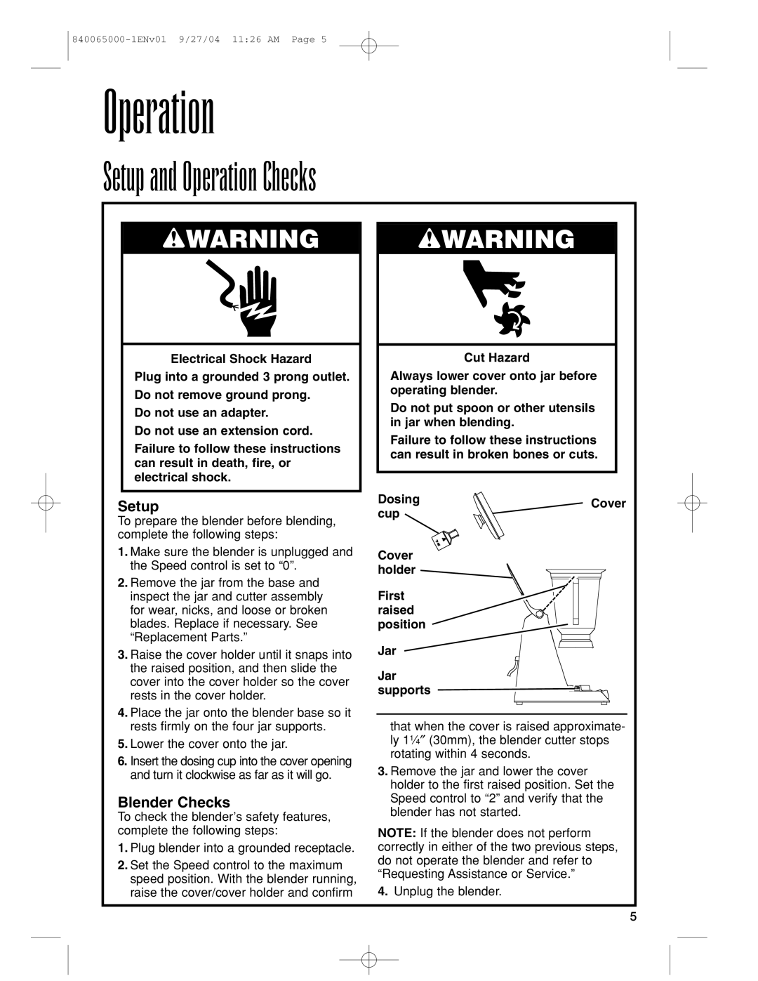 Proctor-Silex 994 operation manual Setup and Operation Checks, Blender Checks 