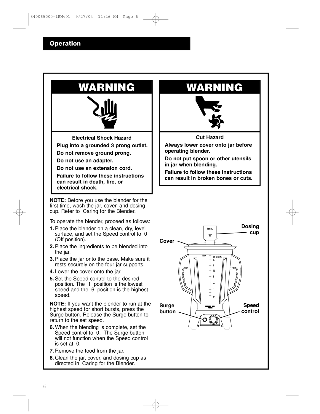 Proctor-Silex 994 operation manual Operating the Blender 