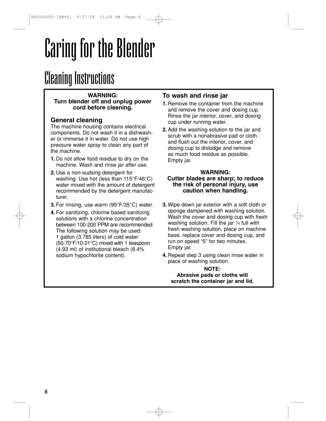 Proctor-Silex 994 operation manual Cleaning Instructions, General cleaning, To wash and rinse jar 