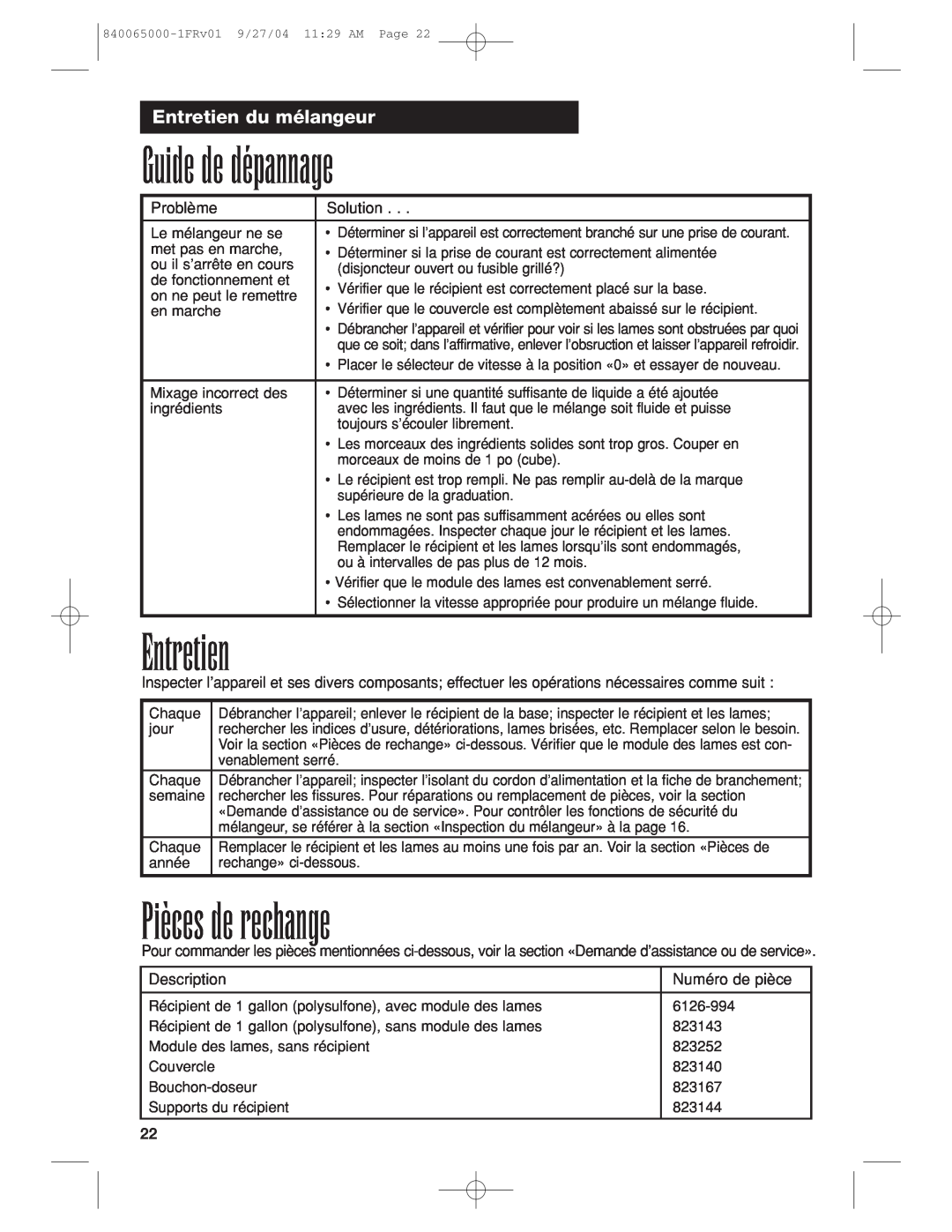 Proctor-Silex 994 operation manual Guide de dépannage, Pièces de rechange, Entretien du mélangeur 