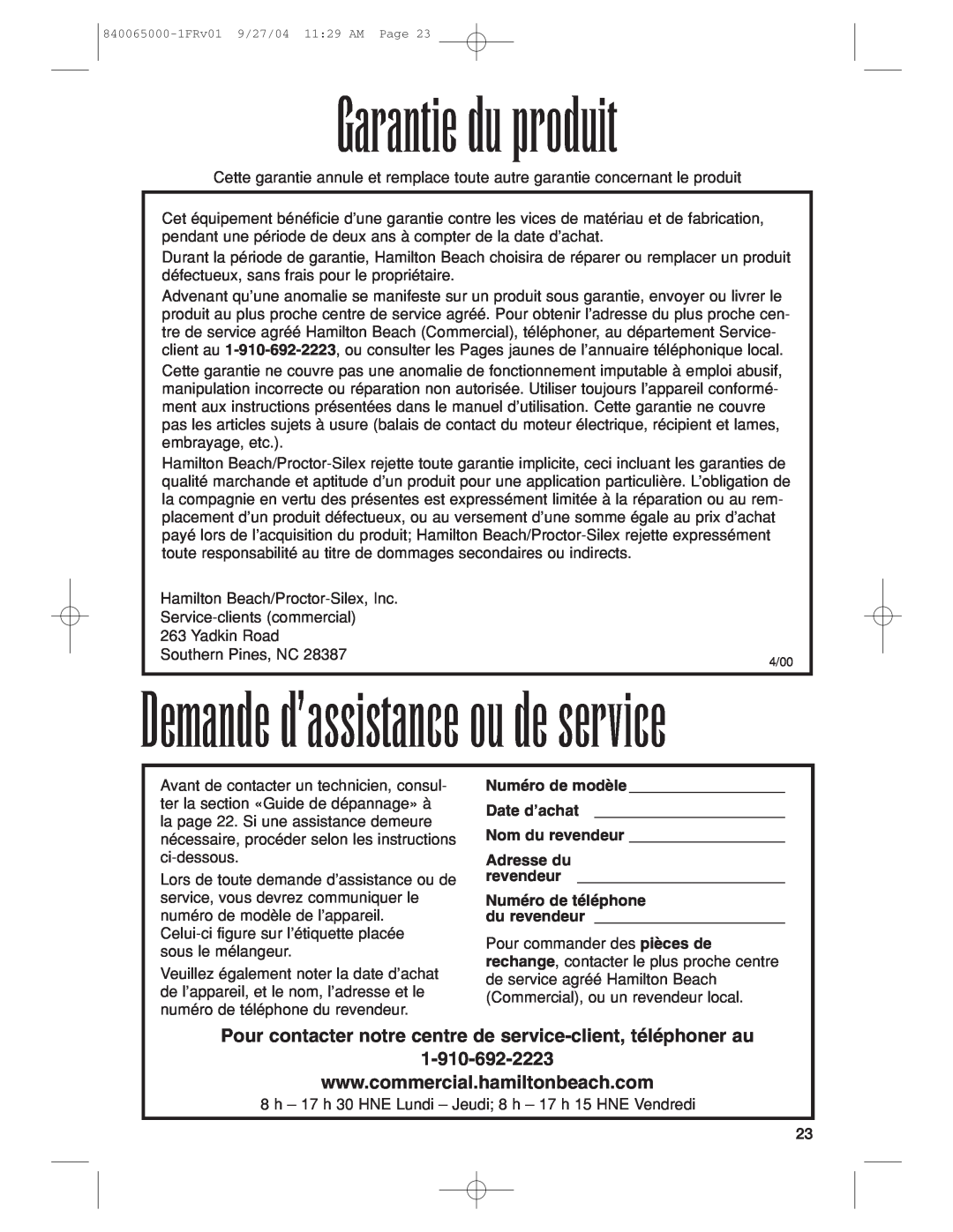 Proctor-Silex 994 operation manual Garantie du produit, Demande d’assistance ou de service 