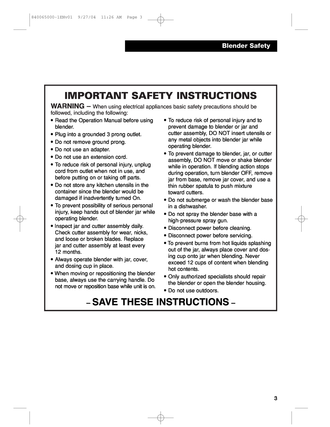 Proctor-Silex 994 operation manual Important Safety Instructions, Save These Instructions, Blender Safety 