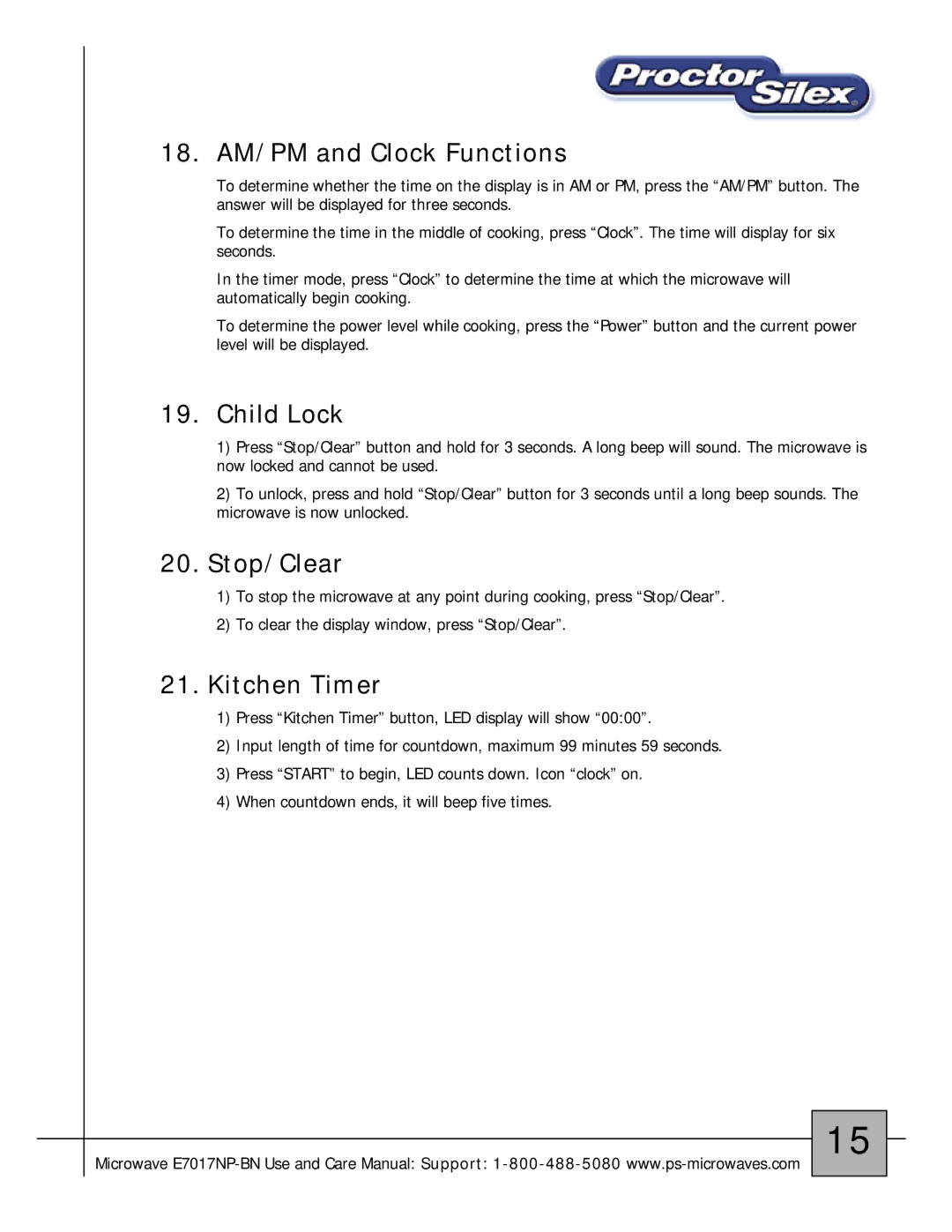 Proctor-Silex E7017NP-BN owner manual 18. AM/PM and Clock Functions, Child Lock, Stop/Clear, Kitchen Timer 