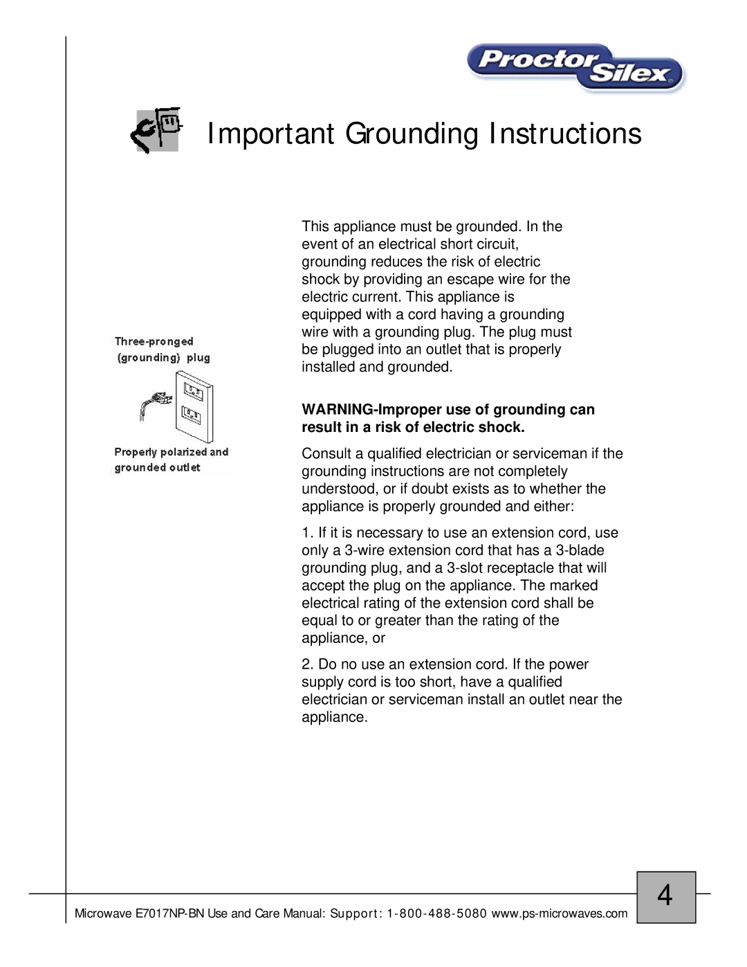 Proctor-Silex E7017NP-BN owner manual Important Grounding Instructions 