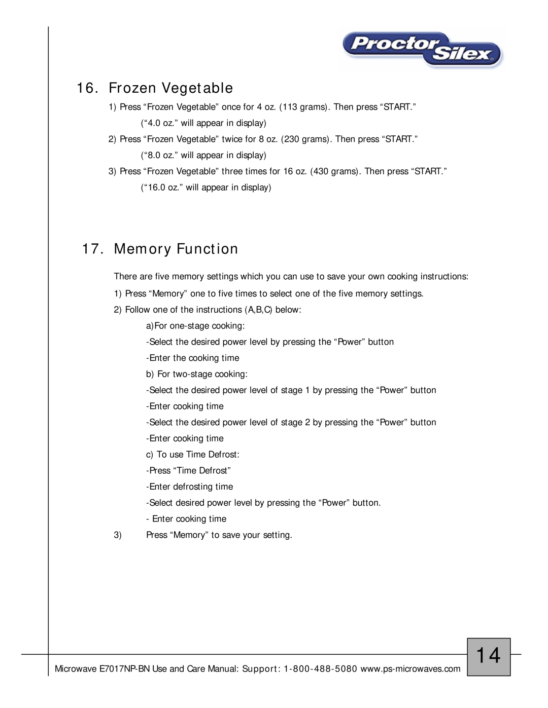Proctor-Silex E7017NP-BN owner manual Frozen Vegetable, Memory Function 