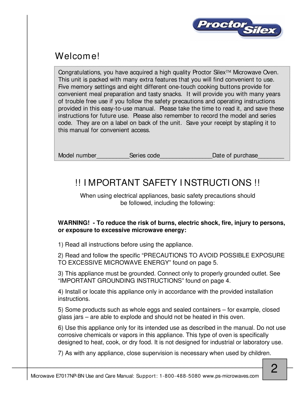 Proctor-Silex E7017NP-BN owner manual Welcome, Important Safety Instructions 