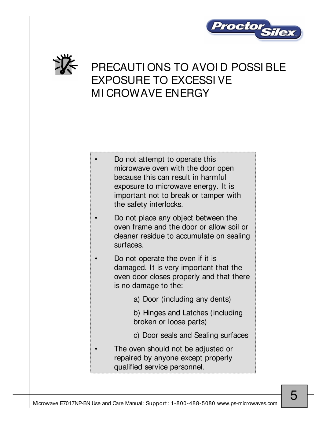 Proctor-Silex E7017NP-BN owner manual Precautions To Avoid Possible Exposure To Excessive Microwave Energy 