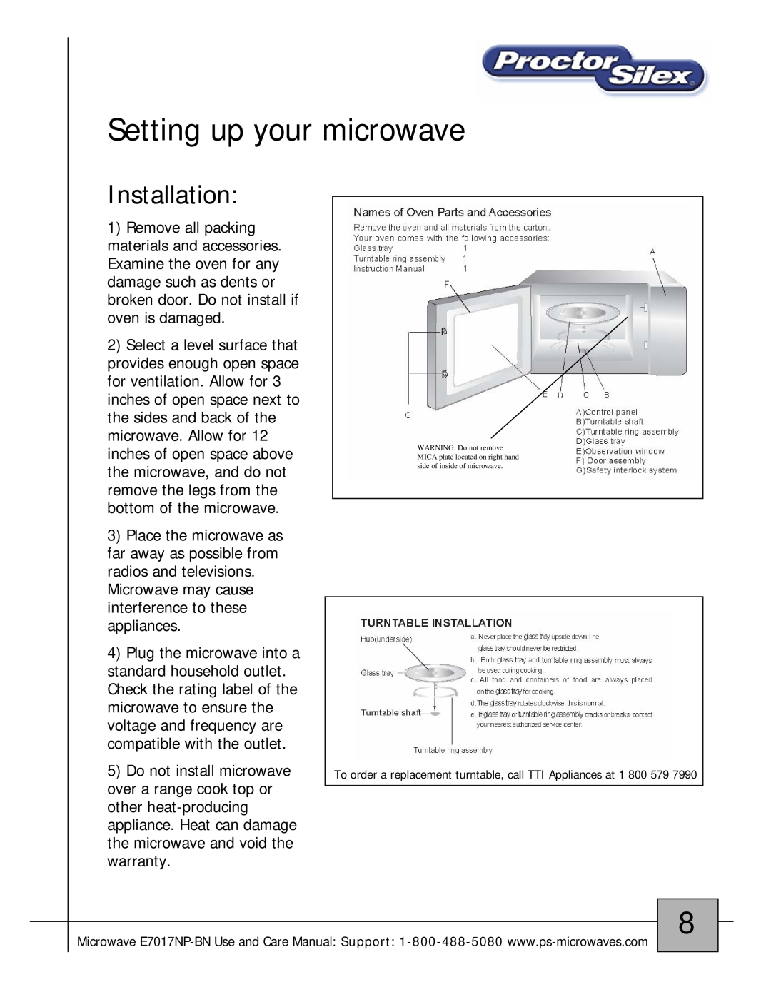 Proctor-Silex E7017NP-BN owner manual Setting up your microwave, Installation 