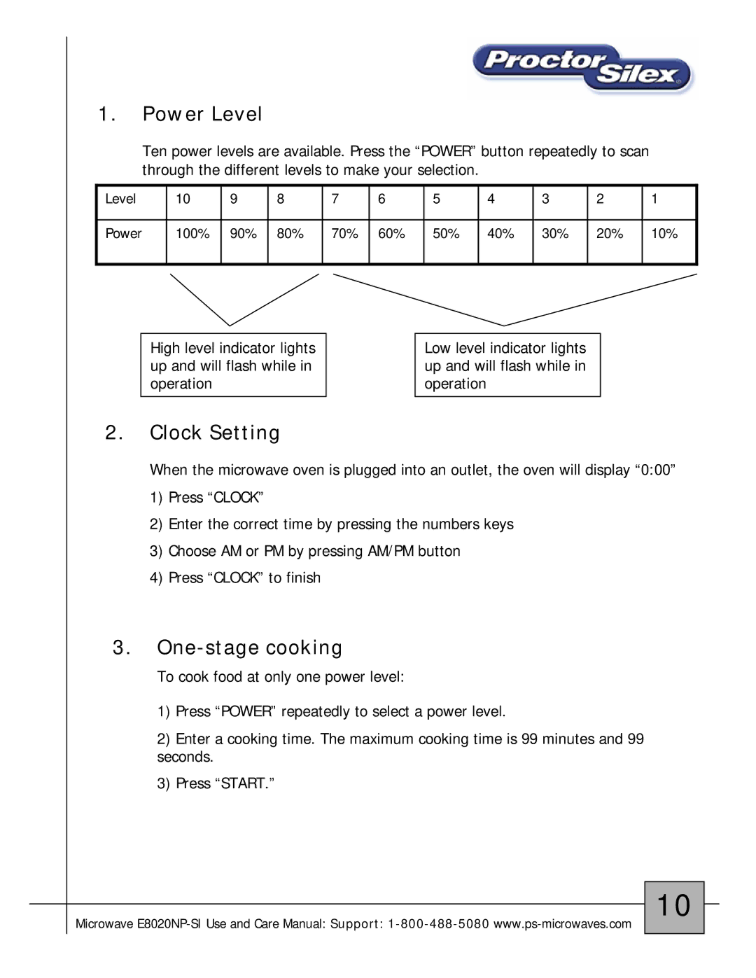 Proctor-Silex E8020NP-SI owner manual Power Level, Clock Setting, One-stage cooking 