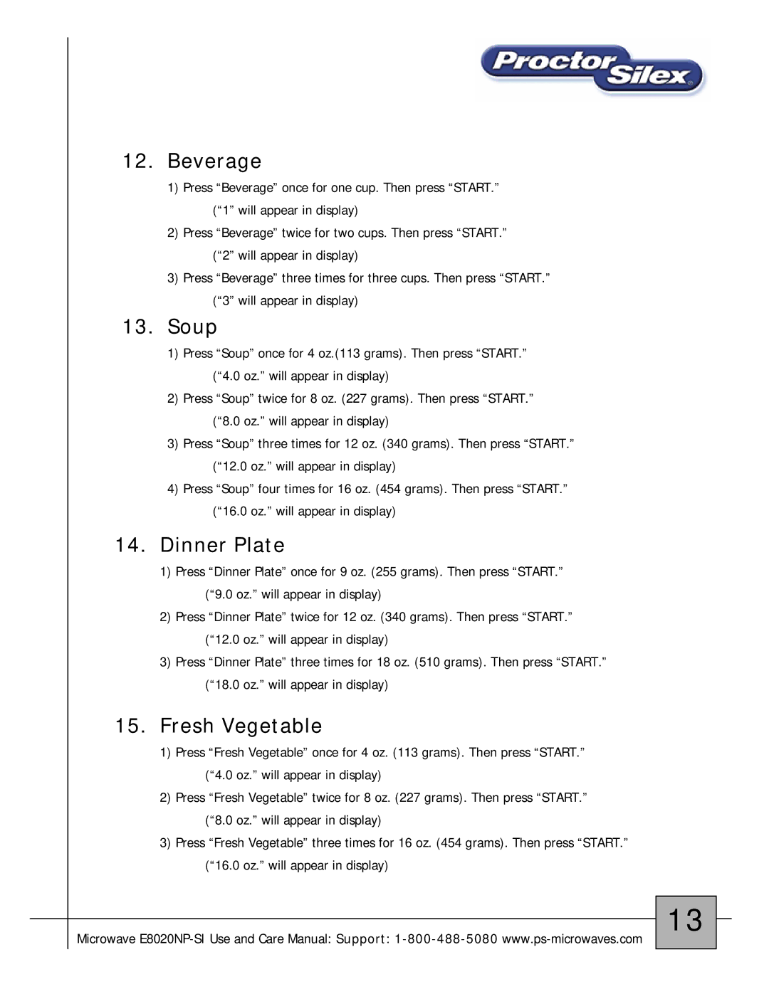 Proctor-Silex E8020NP-SI owner manual Beverage, Soup, Dinner Plate, Fresh Vegetable 