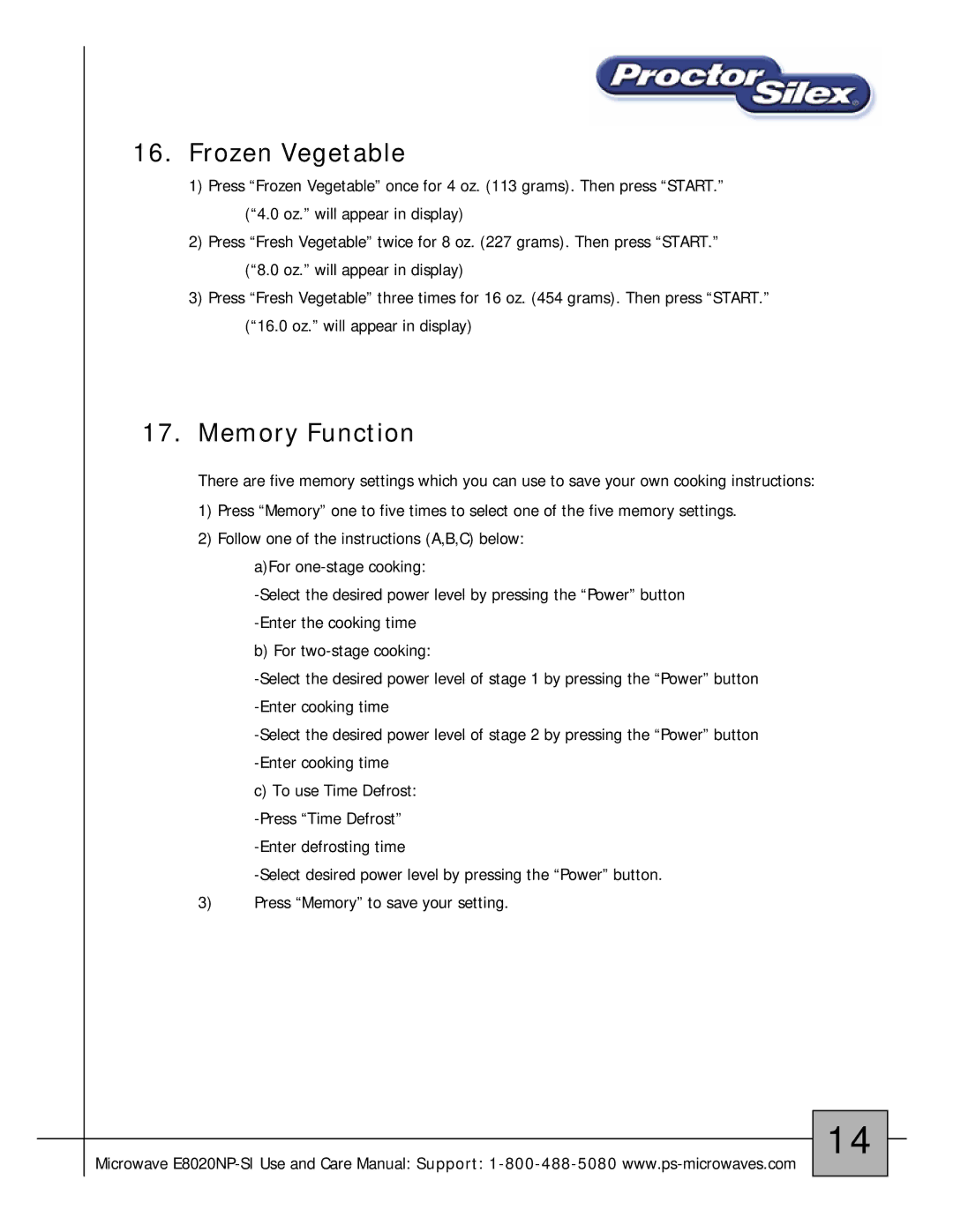 Proctor-Silex E8020NP-SI owner manual Frozen Vegetable, Memory Function 