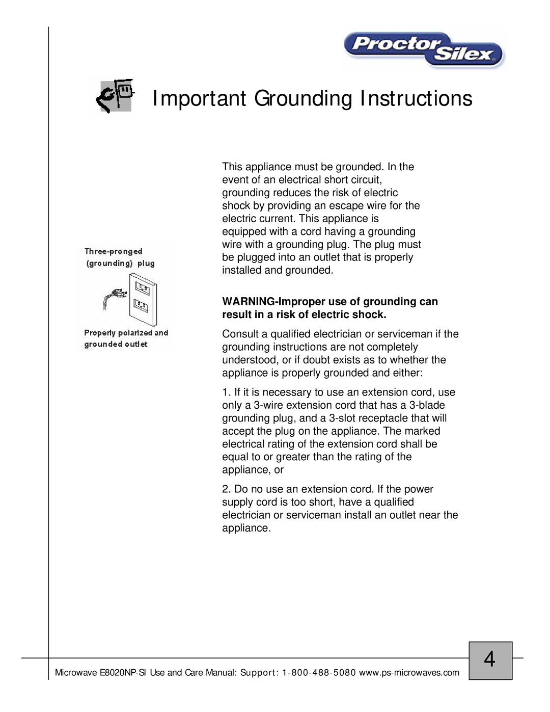 Proctor-Silex E8020NP-SI owner manual Important Grounding Instructions 