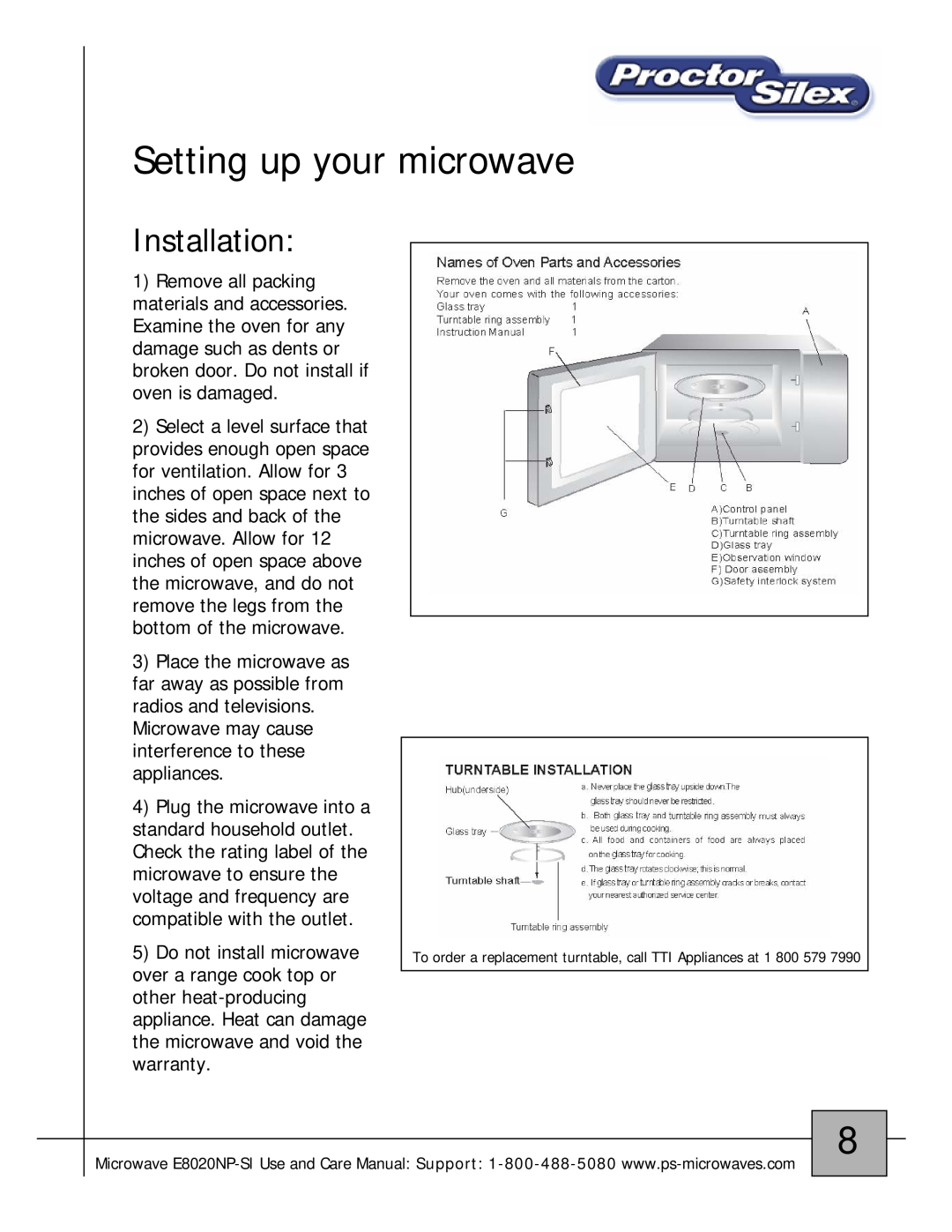 Proctor-Silex E8020NP-SI owner manual Setting up your microwave, Installation 