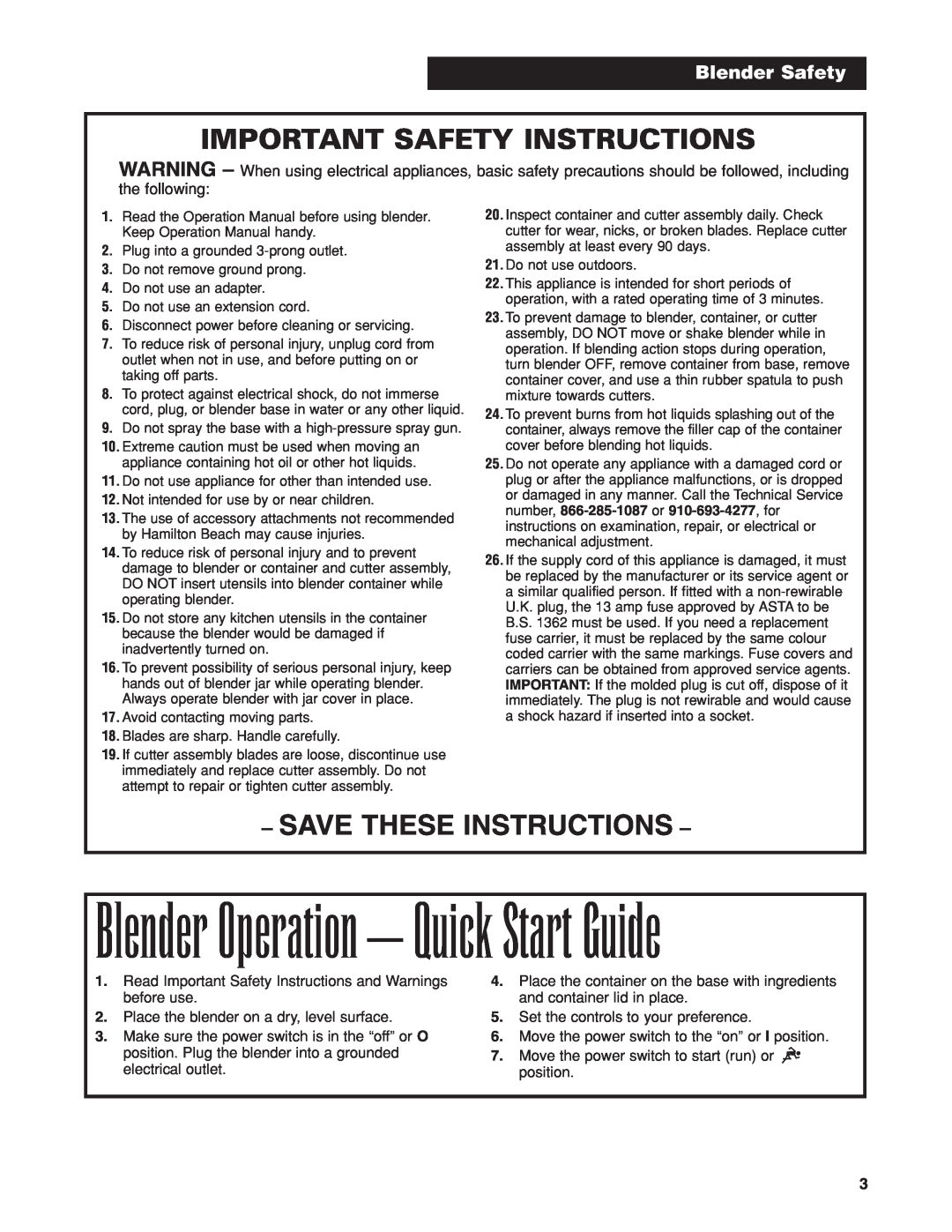 Proctor-Silex HBH450 manuel dutilisation Important Safety Instructions, Save These Instructions, Blender Safety 