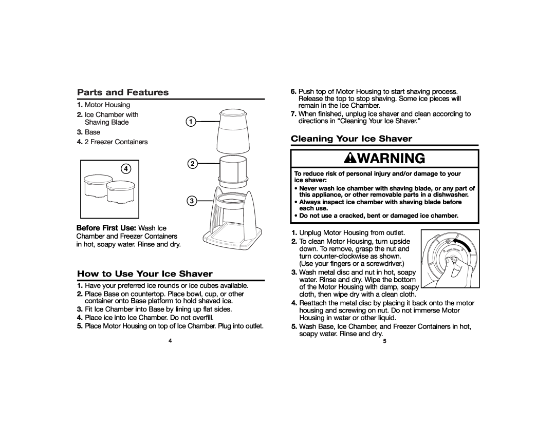 Proctor-Silex manual Parts and Features, How to Use Your Ice Shaver, Cleaning Your Ice Shaver, wWARNING 