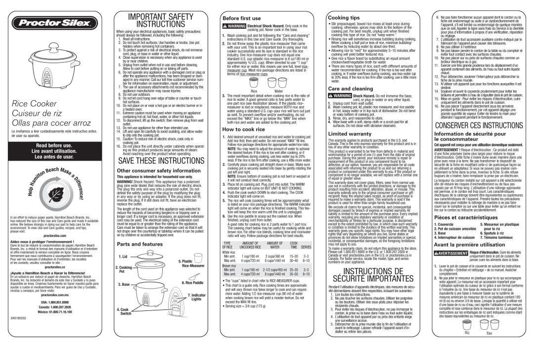 Proctor-Silex 840180202 manual Ollas para cocer arroz, Important Safety Instructions, Instructions De, Lea antes de usar 