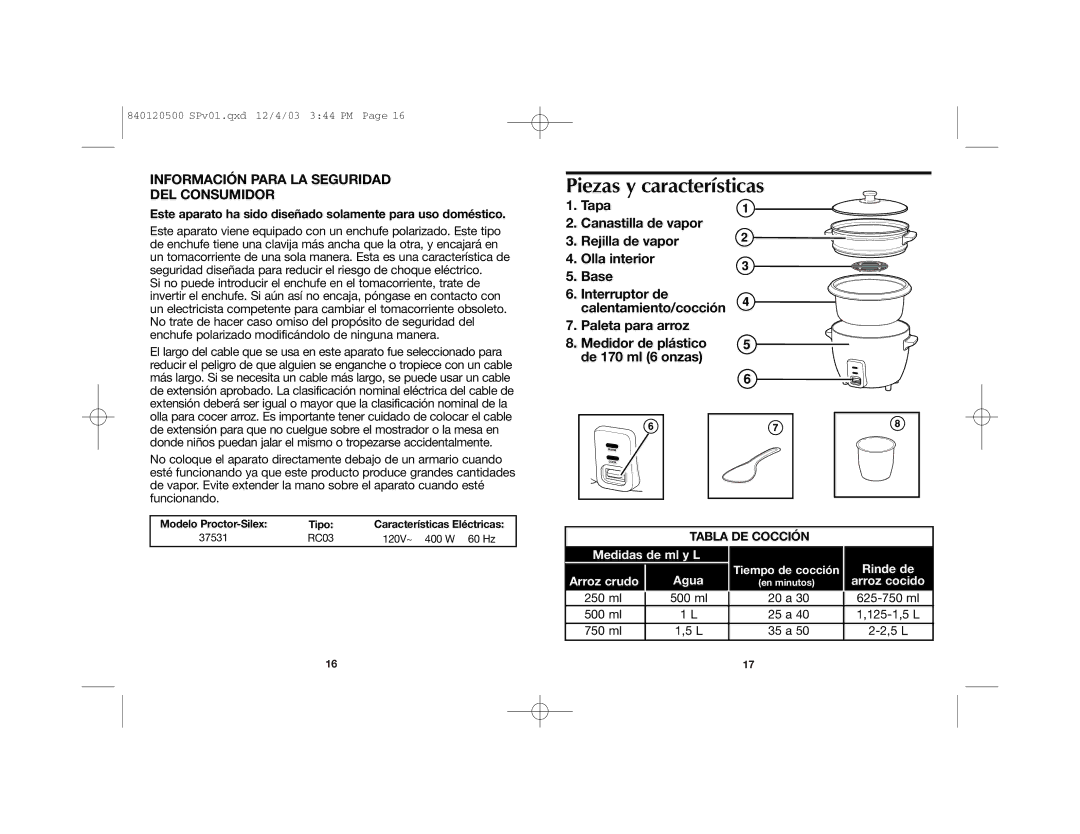 Proctor-Silex Rice Cooker And Steamer manual Piezas y características, Información Para LA Seguridad DEL Consumidor 