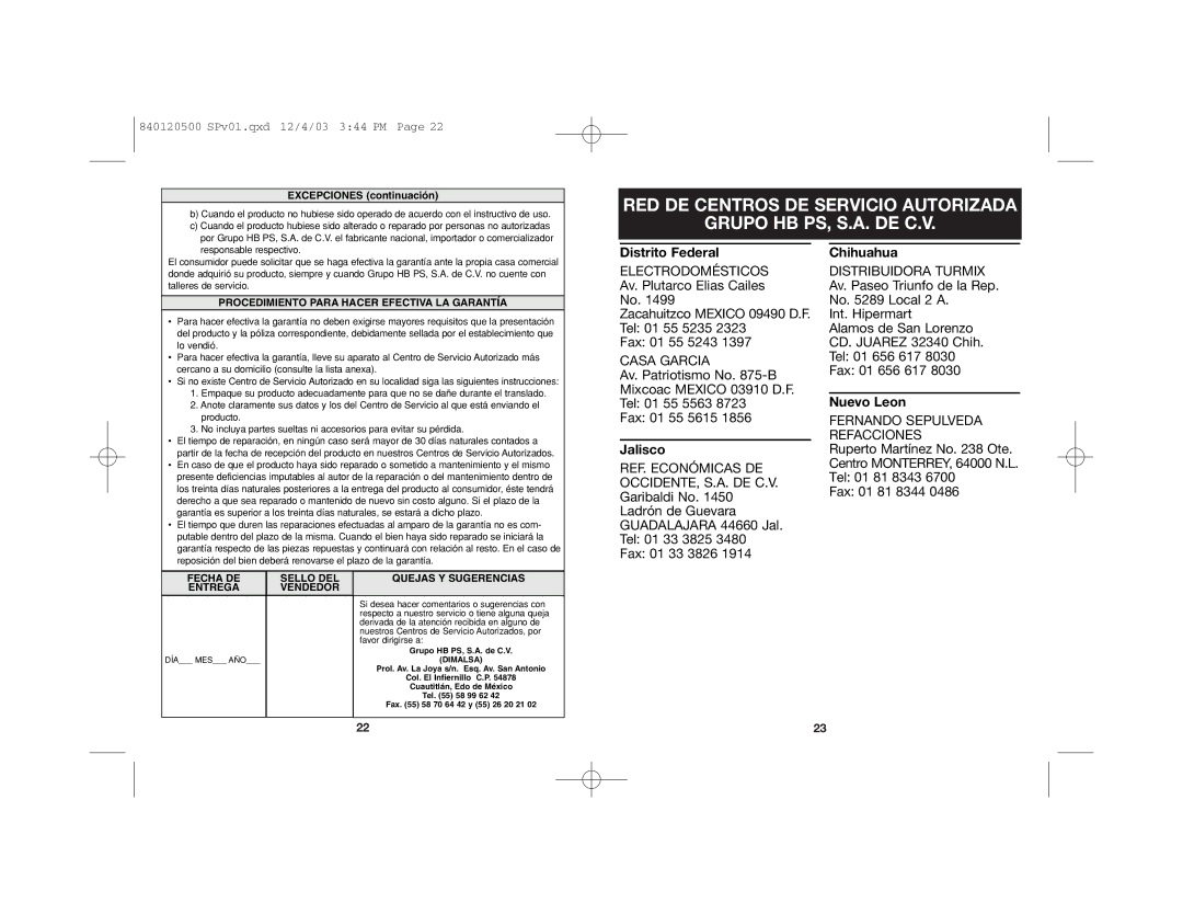 Proctor-Silex Rice Cooker And Steamer manual Distrito Federal, Jalisco, Chihuahua, Nuevo Leon 