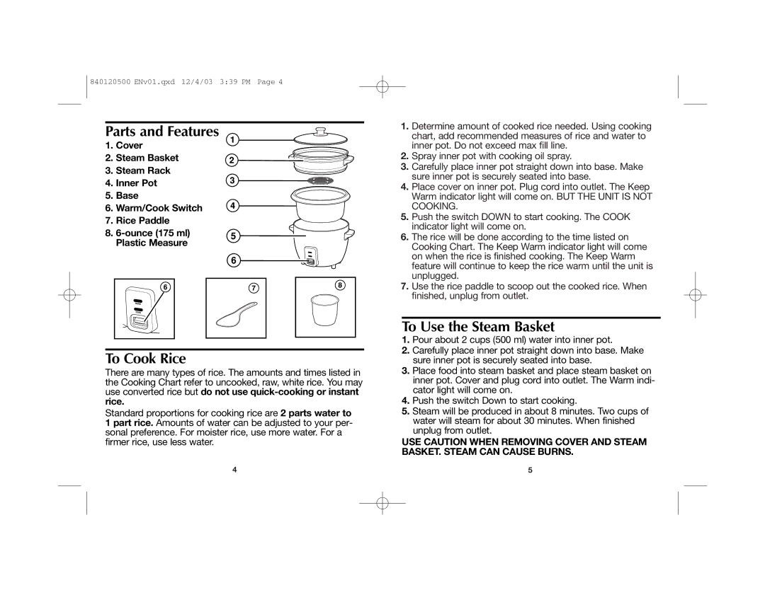 Proctor-Silex Rice Cooker And Steamer manual Parts and Features, To Cook Rice, To Use the Steam Basket 