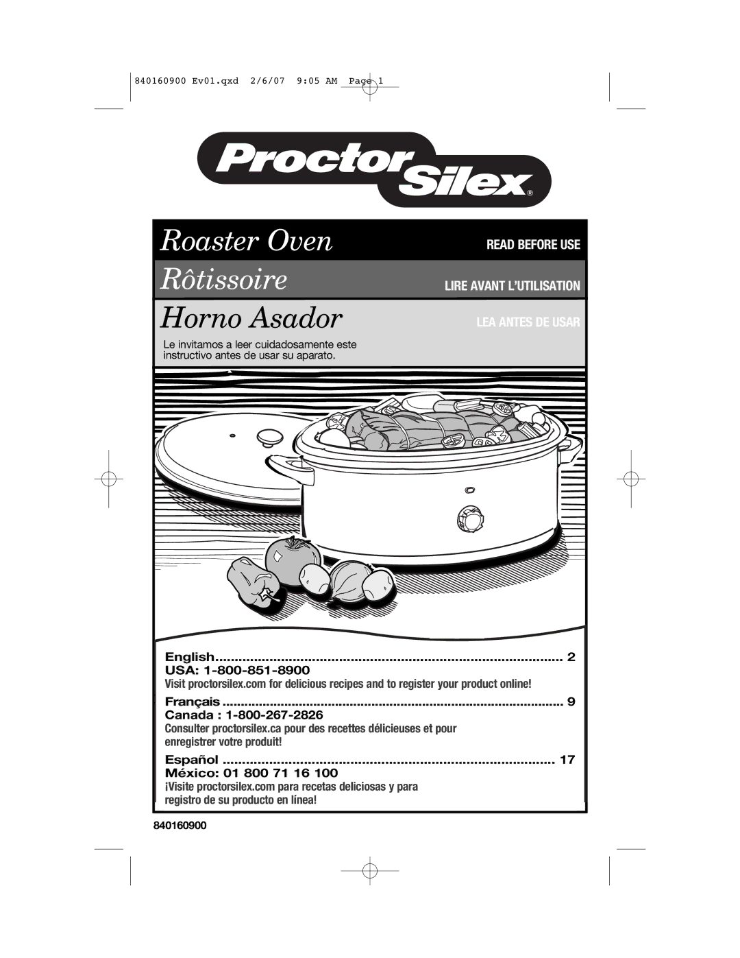 Proctor-Silex 840160900, Roaster Oven manual English USA Français Canada, Español México 01 800 71 16 