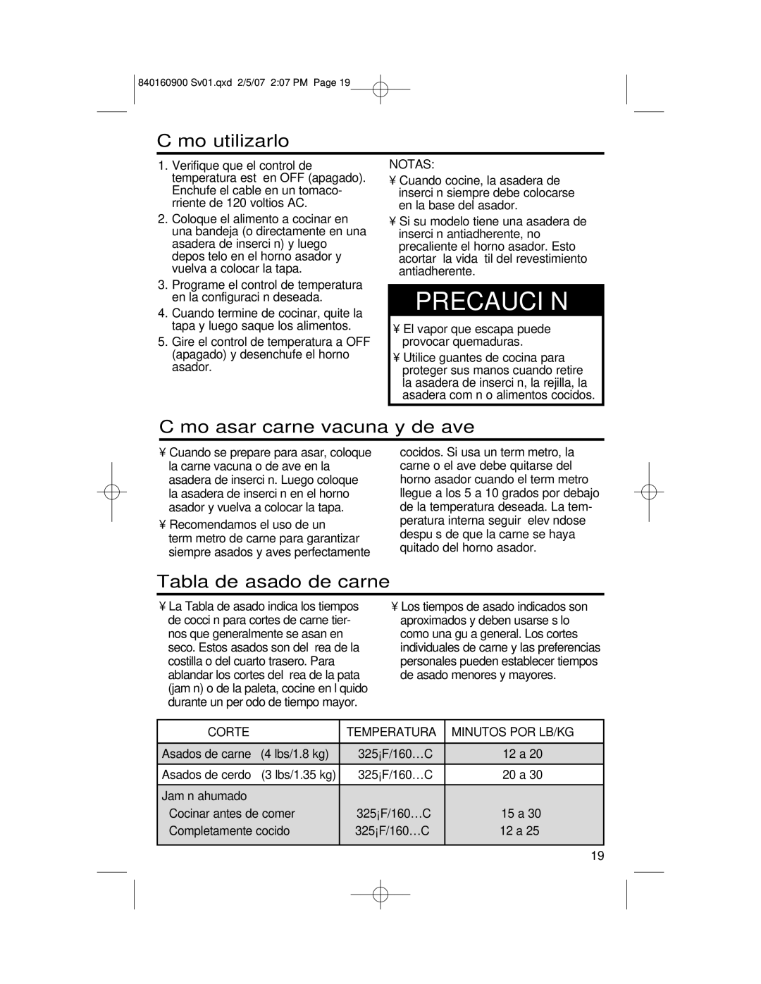 Proctor-Silex 840160900 manual Wprecaución, Cómo utilizarlo, Cómo asar carne vacuna y de ave, Tabla de asado de carne 